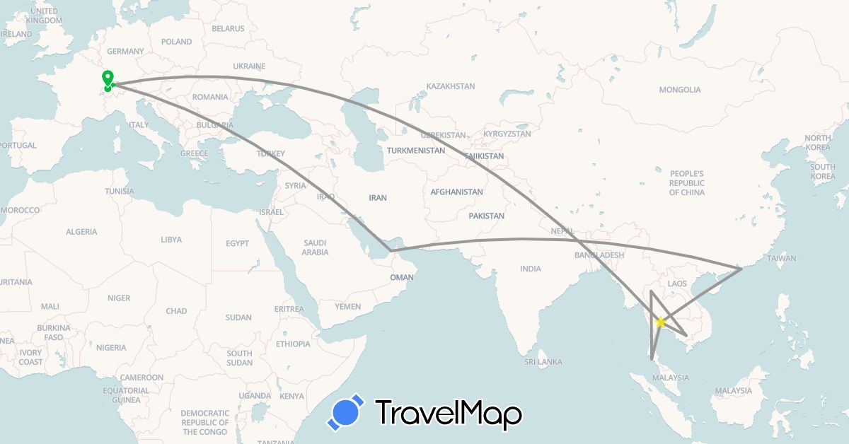 TravelMap itinerary: driving, bus, plane in United Arab Emirates, Switzerland, China, Cambodia, Thailand (Asia, Europe)